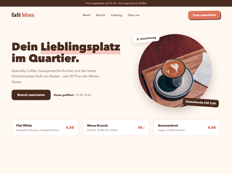 Design-Konzept: Website für ein Café mit Speisekarte und Brunch-Reservation