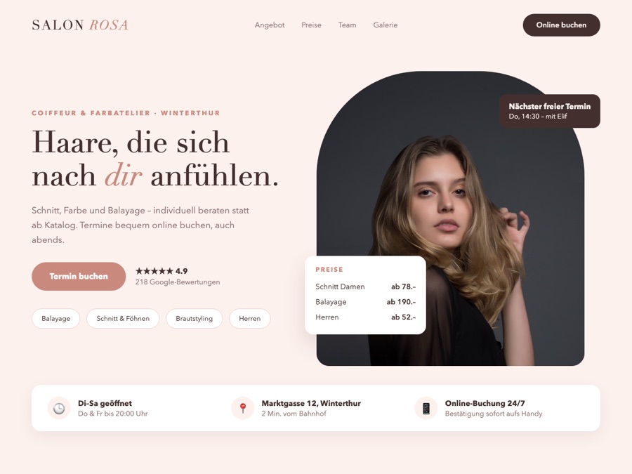 Design-Konzept: Website für einen Coiffeur-Salon mit Preisliste und Online-Buchung
