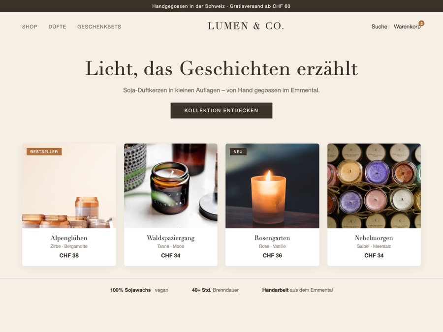 Design-Konzept: Online-Shop für handgemachte Kerzen mit Produktgalerie