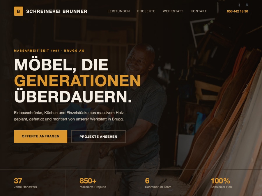 Design-Konzept: Website für eine Schreinerei mit Projektzahlen und Offertanfrage