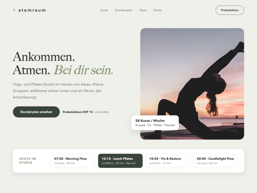 Design-Konzept: Website für ein Yoga-Studio mit Stundenplan